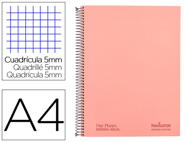 CADERNO ESPIRAL NAVIGATOR A4 MICRO CAPA FORRADA 120 F 80 GR QUADRICULA 5MM 5 BANDAS 4 FUROS COR ROSA