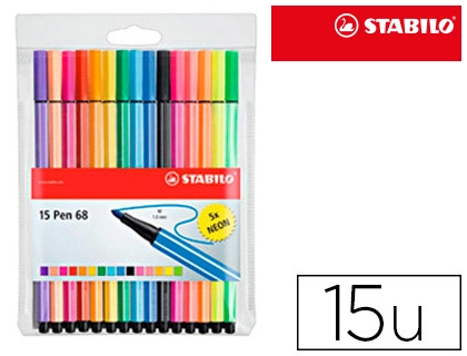 Marcador Stabilo aguarelável pen 68 estojo de 10 cores standard + 5 cores neon