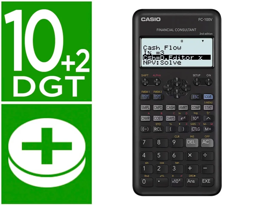 Calculadora Casio fc-100v financeira 4 linhas 10+2 digitos armazenamento flash, calculo de impostos com capa cor cinza.