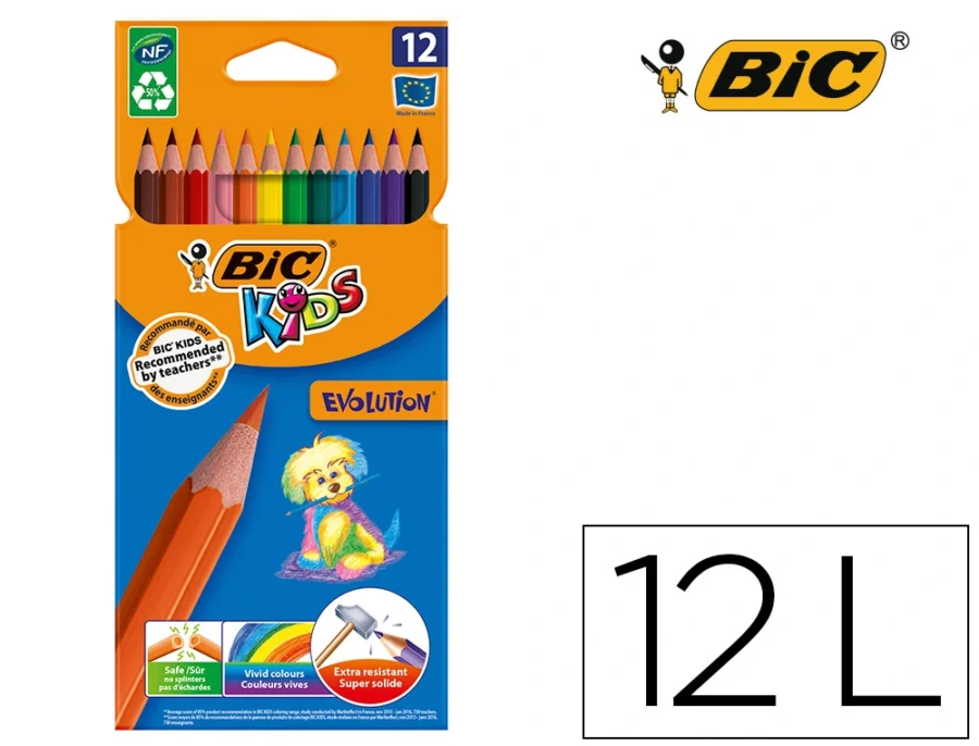 Lápis de cor Bic kid evolution estojo de 12 cores sortidas mina ultra resistente