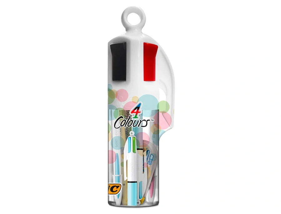 Set bic megatubo pastel 2 cristal up + 1 quatro cores pastel + 2 fluor grip pastel + 1 corretor mini pocket mouse.