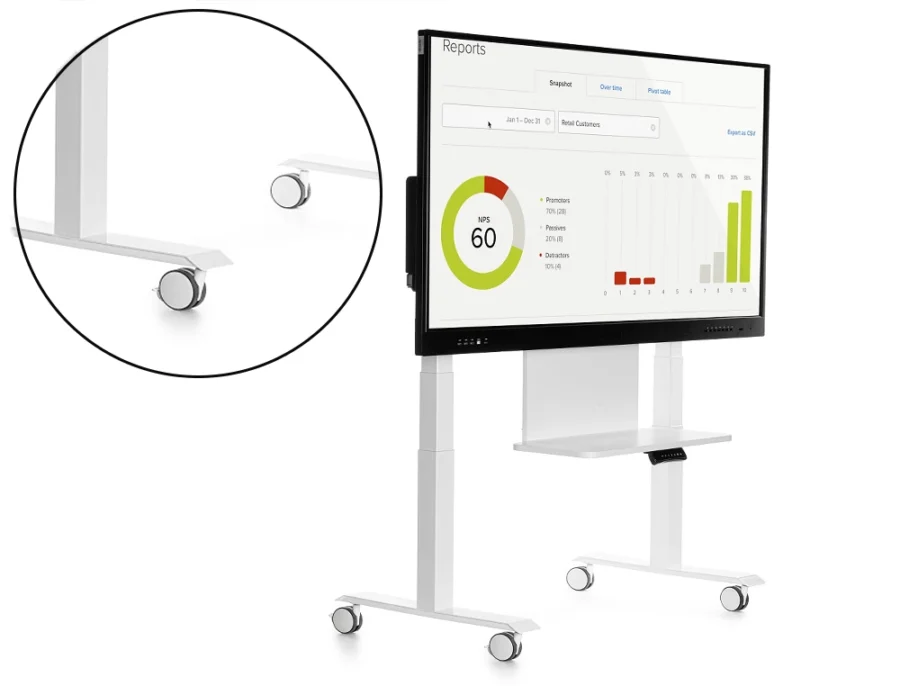 Suporte móvel rocada para monitores interativos 65" a 86" estrutura tubo aço 4 rodas com travão 1120x680x1630 mm